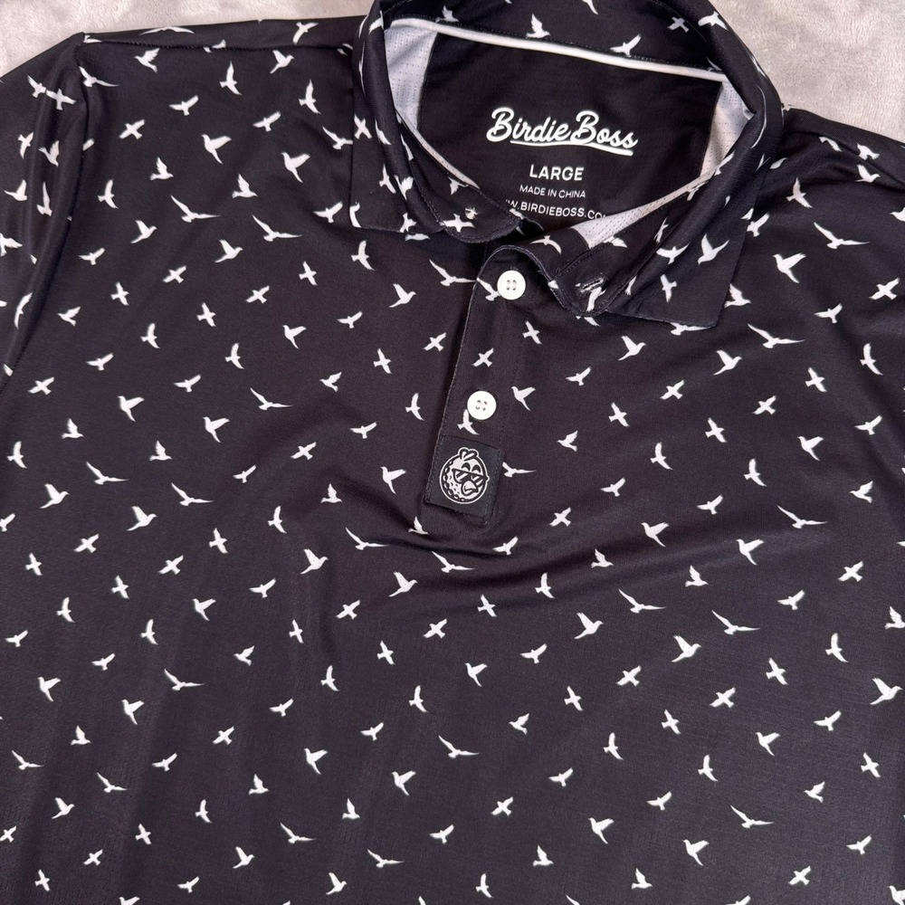 Birdie Boss Performance Golf Polo Shirt Men Large Black White Bird Print Stretch